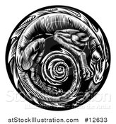 Vector Illustration of a Vintage Black and White Woodcut Dragon Forming a Spiral in a Circle by AtStockIllustration