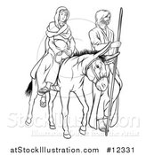 Vector Illustration of a Virgin Mary on a Donkey and Joseph, Black and White by AtStockIllustration