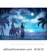 Vector Illustration of a Virgin Mary on a Donkey and Joseph Silhouetted on Their Journey by AtStockIllustration