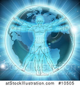 Vector Illustration of a Vitruvian Man over Earth, with Bright Light by AtStockIllustration