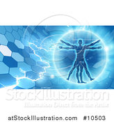 Vector Illustration of a Vitruvian over an Electric Blue Hexagon Background by AtStockIllustration