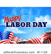 Vector Illustration of a Waving American Flag with Flares and Happy Labor Day Text Against Blue Sky by AtStockIllustration