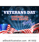 Vector Illustration of a Waving American Flag with Veterans Day Honoring All Who Served Thank You Text and Blue Sparkles and Rays by AtStockIllustration