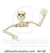 Vector Illustration of a Waving Halloween Skeleton Pointing down at a Sign by AtStockIllustration