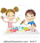 Vector Illustration of a White Boy and Girl Hand Painting and Painting Together by AtStockIllustration