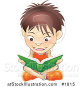 Vector Illustration of a White Boy Sitting on a Floor and Reading a Green Book by AtStockIllustration