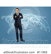 Vector Illustration of a White Business Man Standing with Folded Arms over a World Map with Connections by AtStockIllustration