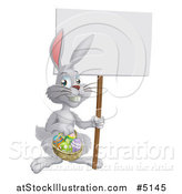 Vector Illustration of a White Easter Bunny Holding a Sign and Basket by AtStockIllustration