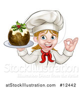 Vector Illustration of a White Female Chef Gesturing Ok and Holding a Christmas Pudding by AtStockIllustration