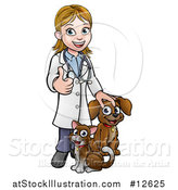 Vector Illustration of a White Female Veterinarian Giving a Thumb up over a Cat and Dog by AtStockIllustration