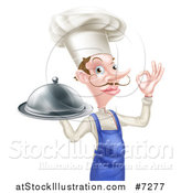 Vector Illustration of a White Male Chef with a Curling Mustache, Gesturing Ok and Holding a Cloche Platter by AtStockIllustration