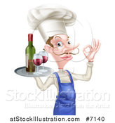 Vector Illustration of a White Male Chef with a Curling Mustache, Gesturing Okay and Holding a Tray with Red Wine by AtStockIllustration