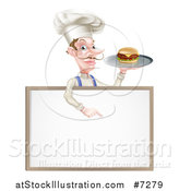 Vector Illustration of a White Male Chef with a Curling Mustache, Holding a Cheeseburger on a Platter and Pointing down over a Blank Menu Sign Board by AtStockIllustration