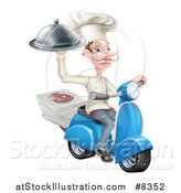 Vector Illustration of a White Male Chef with a Curling Mustache, Holding a Cloche and Delivering Pizzas on a Scooter by AtStockIllustration