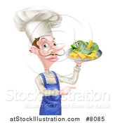 Vector Illustration of a White Male Chef with a Curling Mustache, Holding a Fish and Chips on a Tray and Pointing by AtStockIllustration