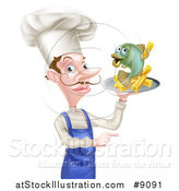 Vector Illustration of a White Male Chef with a Curling Mustache, Holding a Fish and Chips on a Tray and Pointing by AtStockIllustration