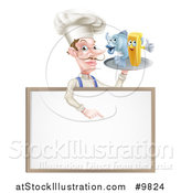 Vector Illustration of a White Male Chef with a Curling Mustache, Holding a Fish and Chips on a Tray and Pointing down over a Menu by AtStockIllustration