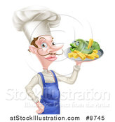 Vector Illustration of a White Male Chef with a Curling Mustache, Holding a Fish and Chips on a Tray by AtStockIllustration