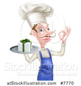 Vector Illustration of a White Male Chef with a Curling Mustache, Holding a Gift on a Platter and Gesturing Ok by AtStockIllustration
