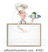 Vector Illustration of a White Male Chef with a Curling Mustache, Holding a Gift on a Platter and Pointing down at a Blank White Board Menu Sign by AtStockIllustration