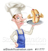 Vector Illustration of a White Male Chef with a Curling Mustache, Holding a Hot Dog on a Platter by AtStockIllustration