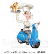 Vector Illustration of a White Male Chef with a Curling Mustache, Holding a Hot Dog on a Scooter by AtStockIllustration