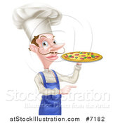 Vector Illustration of a White Male Chef with a Curling Mustache, Holding a Pizza and Pointing by AtStockIllustration