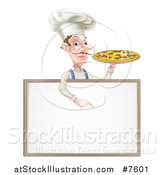 Vector Illustration of a White Male Chef with a Curling Mustache, Holding a Pizza and Pointing down over a Blank Menu Sign Board by AtStockIllustration