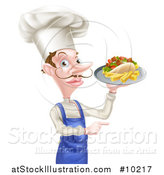 Vector Illustration of a White Male Chef with a Curling Mustache, Holding a Souvlaki Kebab Sandwich and French Fries on a Tray and Pointing by AtStockIllustration