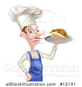 Vector Illustration of a White Male Chef with a Curling Mustache, Holding a Souvlaki Kebab Sandwich and French Fries on a Tray by AtStockIllustration