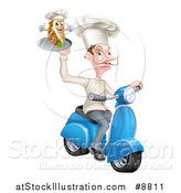 Vector Illustration of a White Male Chef with a Curling Mustache, Holding a Souvlaki Kebab Sandwich on a Scooter by AtStockIllustration