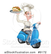 Vector Illustration of a White Male Chef with a Curling Mustache, Holding a Souvlaki Kebab Sandwich on a Scooter by AtStockIllustration