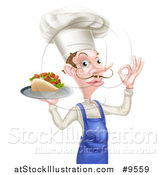 Vector Illustration of a White Male Chef with a Curling Mustache, Holding a Souvlaki Kebab Sandwich on a Tray and Gesturing Ok or Perfect by AtStockIllustration