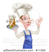 Vector Illustration of a White Male Chef with a Curling Mustache, Holding a Souvlaki Kebab Sandwich on a Tray and Gesturing Perfect by AtStockIllustration