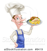 Vector Illustration of a White Male Chef with a Curling Mustache, Holding a Souvlaki Kebab Sandwich on a Tray by AtStockIllustration