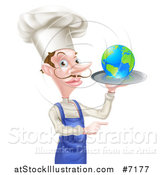 Vector Illustration of a White Male Chef with a Curling Mustache, Holding Earth on a Platter and Pointing by AtStockIllustration