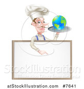 Vector Illustration of a White Male Chef with a Curling Mustache, Holding Earth on a Platter and Pointing down at a Blank Menu Sign by AtStockIllustration