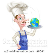 Vector Illustration of a White Male Chef with a Curling Mustache, Holding Earth on a Platter by AtStockIllustration