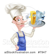 Vector Illustration of a White Male Chef with a Curling Mustache, Holding Fish and a French Fry Character on a Tray by AtStockIllustration