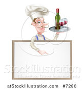 Vector Illustration of a White Male Chef with a Curling Mustache, Pointing down and Holding a Tray with Red Wine over a Blank Menu Sign Board by AtStockIllustration