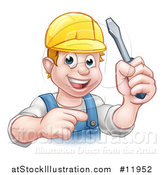 Vector Illustration of a White Male Electrician Holding up a Screwdriver and Pointing by AtStockIllustration