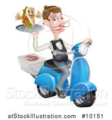 Vector Illustration of a White Male Waiter Holding a Souvlaki Kebab Sandwich on a Scooter by AtStockIllustration