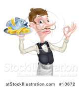 Vector Illustration of a White Male Waiter or Butler with a Curling Mustache, Holding Fish and a Chips on a Tray and Gesturing Ok by AtStockIllustration