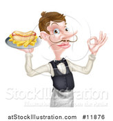 Vector Illustration of a White Male Waiter with a Curling Mustache, Holding a Hot Dog and Fries on a Platter and Gesturing Ok by AtStockIllustration