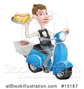 Vector Illustration of a White Male Waiter with a Curling Mustache, Holding a Hot Dog and Fries on a Platter, Riding a Scooter, with Pizza Boxes by AtStockIllustration