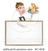 Vector Illustration of a White Male Waiter with a Curling Mustache, Holding a Hot Dog on a Platter over a Blank Menu Sign by AtStockIllustration