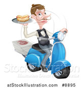 Vector Illustration of a White Male Waiter with a Curling Mustache, Holding a Hot Dog on a Scooter, with Pizza Boxes by AtStockIllustration