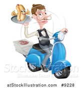 Vector Illustration of a White Male Waiter with a Curling Mustache, Holding a Hot Dog on a Scooter, with Pizza Boxes by AtStockIllustration