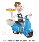 Vector Illustration of a White Male Waiter with a Curling Mustache, Holding a Pizza on a Scooter by AtStockIllustration