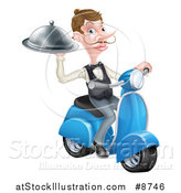 Vector Illustration of a White Male Waiter with a Curling Mustache, Holding a Platter on a Delivery Scooter by AtStockIllustration